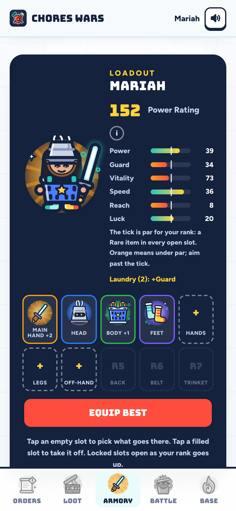 A kid's Armory loadout: her hero in the Scrub Saber and Bucket Helm, a 152 Power Rating and six stat bars