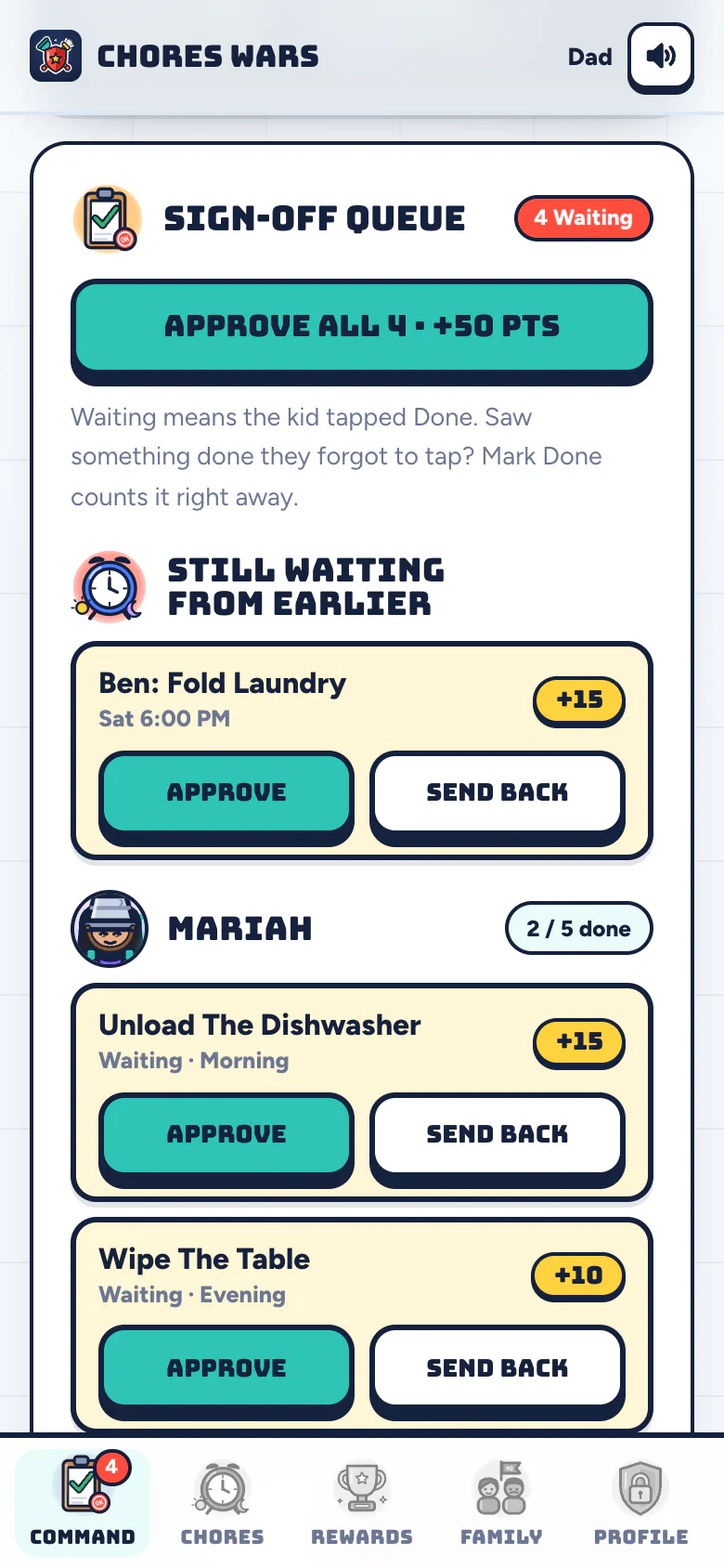 The parent Command tab in Chores Wars: the sign-off queue with Approve All and an Approve button on each waiting chore