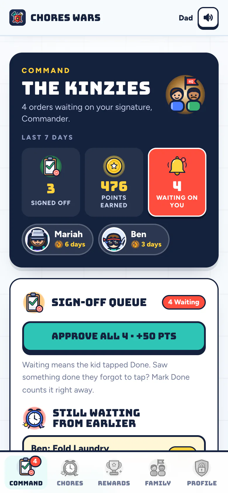 The parent Command tab: three chores signed off, 476 points earned, and four chores waiting on a parent