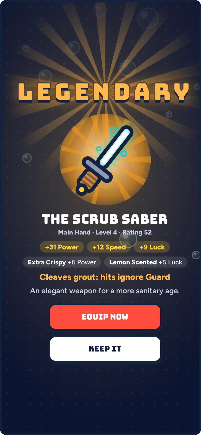 The crate reveal: a Legendary Scrub Saber with plus thirty-one Power, Equip Now and Keep It