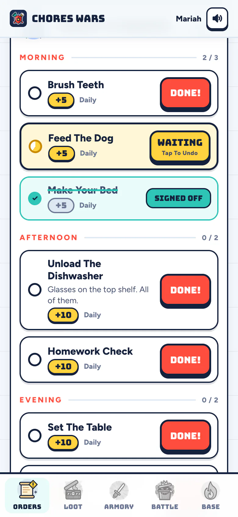 A kid's Orders tab in the Chores Wars chore chart app: today's chores in morning and afternoon, each with a big Done button