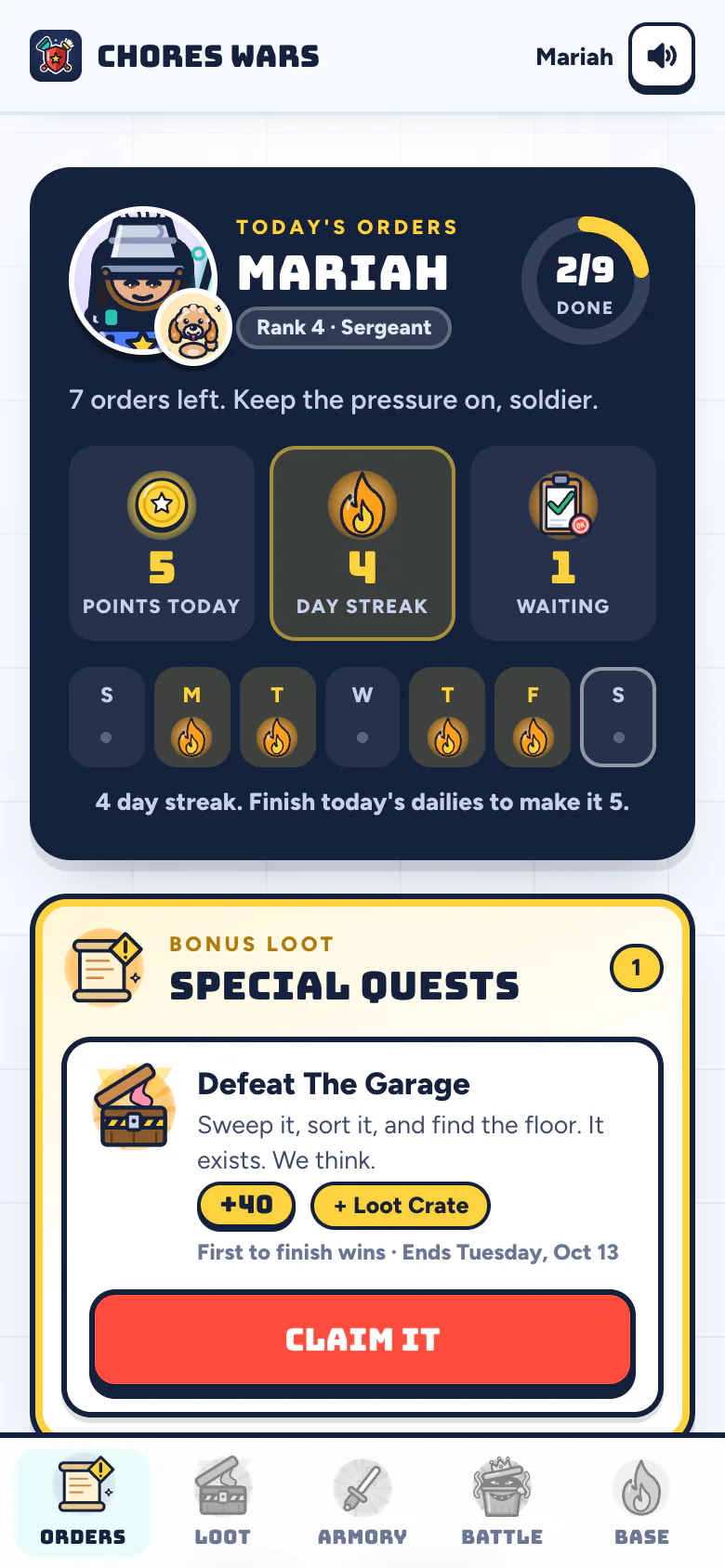 A kid's Orders tab: two of nine chores done, a four day streak, and a Special Quest to Defeat The Garage for a loot crate