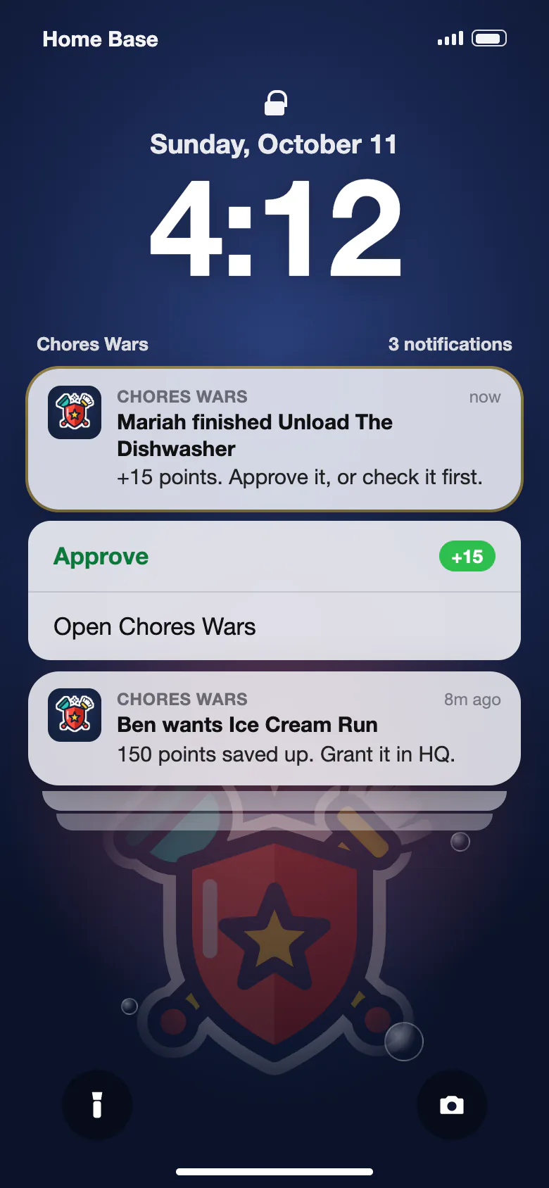 A lock screen notification: Mariah finished Unload The Dishwasher, plus fifteen points, with an Approve button