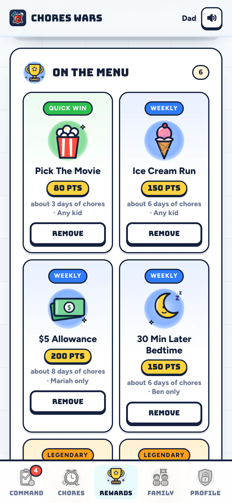 The parent Rewards tab: Pick The Movie for 80 points, Ice Cream Run for 150, five dollars allowance for 200 and a later bedtime