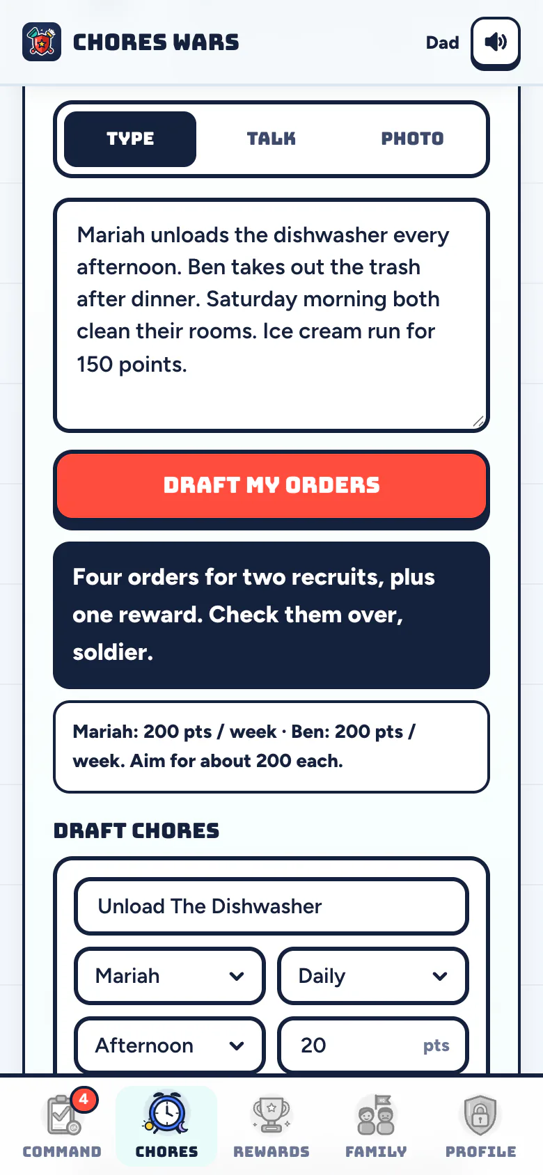 The parent Chores tab: a typed chore list, and Sarge's draft of chores and a reward, balanced to about two hundred points a week